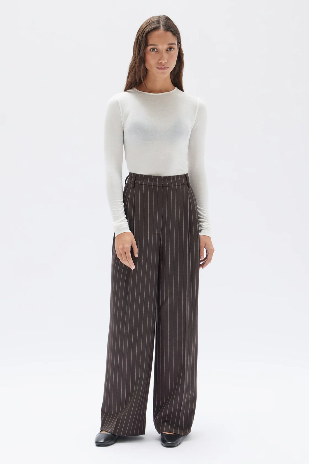 ASSEMBLY - SOFIA WOOL PINSTRIPE PANT in Chestnut stripe