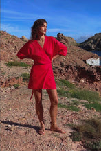 Load and play video in Gallery viewer, ROWIE - ISLA SILK WRAP MINI DRESS / true red
